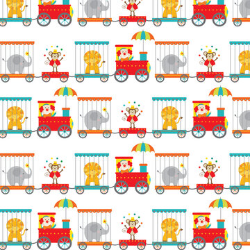 Colorful seamless circus train pattern with clown, elephant, lion and monkey. Playful repeat for kids fabric, wallpaper, nursery decor, gift wrap and party decorations.