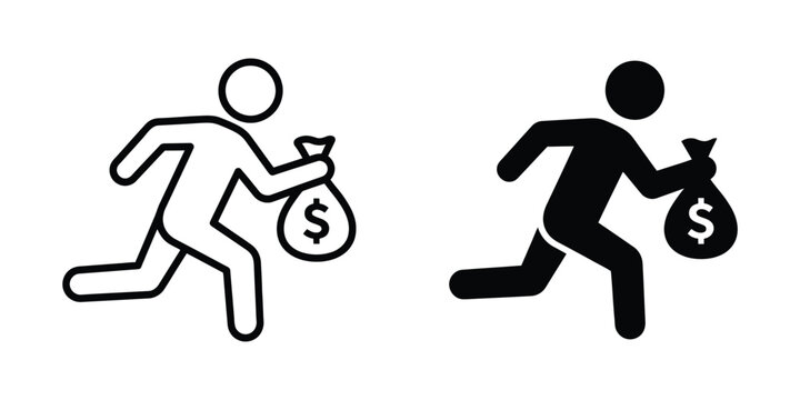 Running thief with money bag icon in outline and solid style. Vector illustration