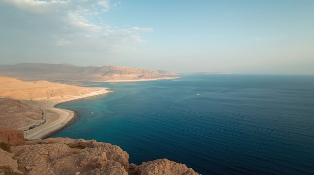 Panoramic view of the Dead Sea from a high vantage point showcasing its striking blue waters and surrounding arid landscape with distant mountains under a partly cloudy sky