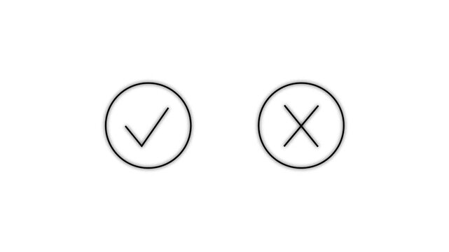Minimalist animated green checkmark and red cross icons inside circles isolated on white background for correct wrong