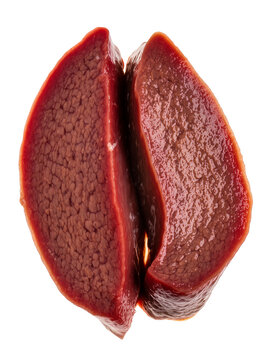 Isolated two slices of fresh raw beef liver, rich in iron, healthy organ meat close-up