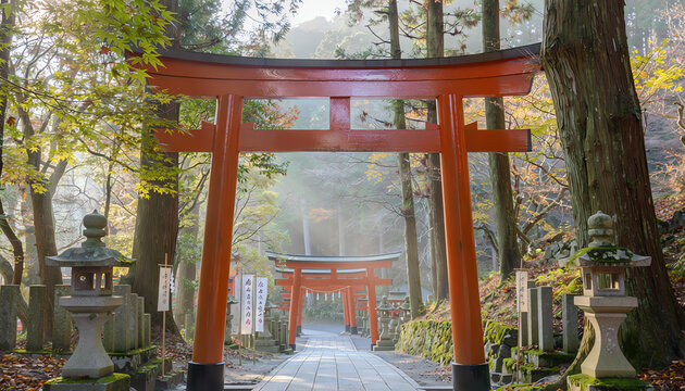 A serene pathway lined with multiple red torii gates, surrounded by lush green and autumnal trees in a misty forest setting.