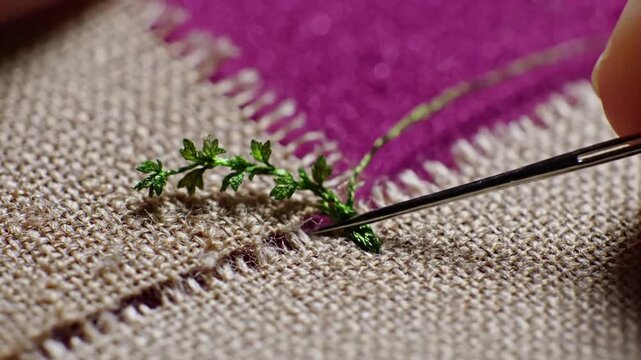 Close up of hand embroidery stitching green leaf pattern on linen fabric.