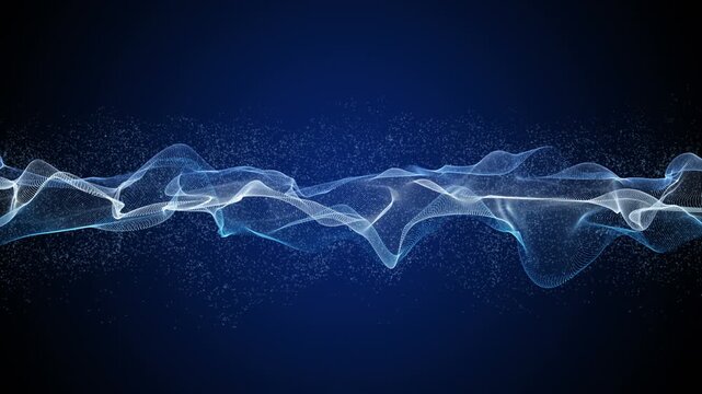 Futuristic video animation with particle wave object in slow motion and space for text, 4096x2304 loop 4K