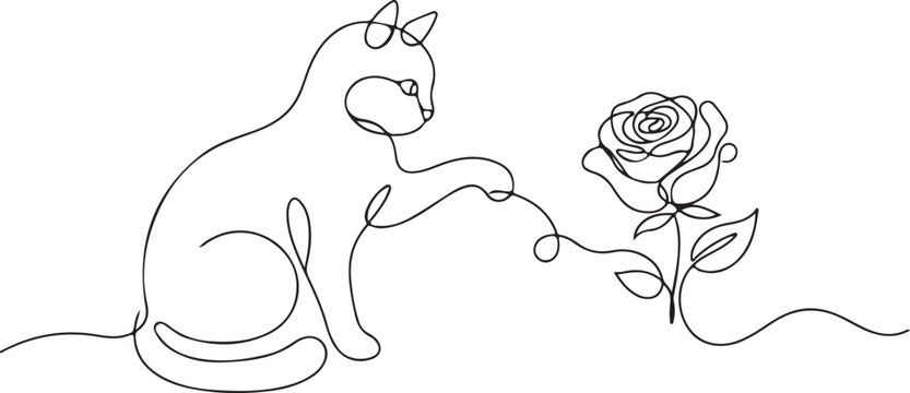 Black and white line art of cat sniffing a rose with dotted border
