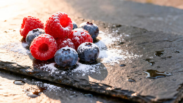 Macro shot of fresh raspberries and blueberries on wet slate