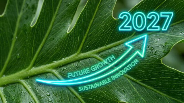 Neon arrow growth chart on green plant leaf for 2027. Sustainable innovation concept with glowing financial trend line. Future development progress celebration.