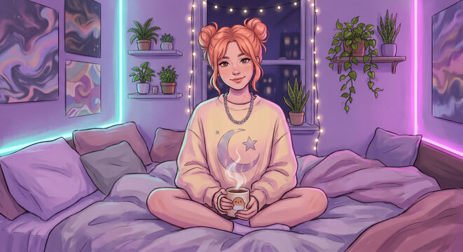 Lofi AI Girlfriend in a purple bedroom, space buns, yellow sweatshirt, holding a mug and smiling in soft LED light.