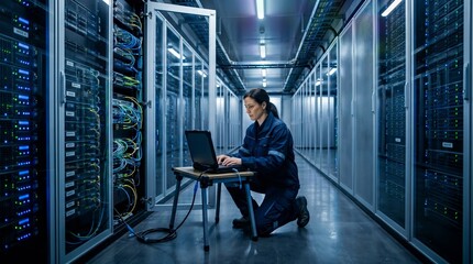 Fototapeta premium A technician kneels with a laptop in a modern data center. The concept highlights technology, IT infrastructure, and behind the scenes operations in data management. Generative AI