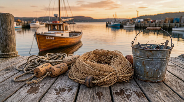 Red de pesca artesanal sobre un muelle tradicional con ambiente marinero aut&eacute;ntico.