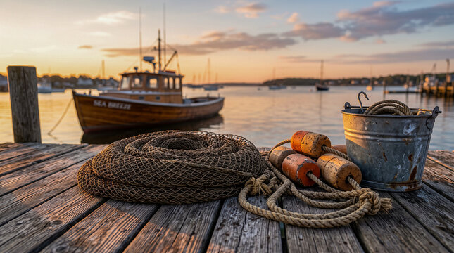 Red de pesca artesanal sobre un muelle tradicional con ambiente marinero aut&eacute;ntico.