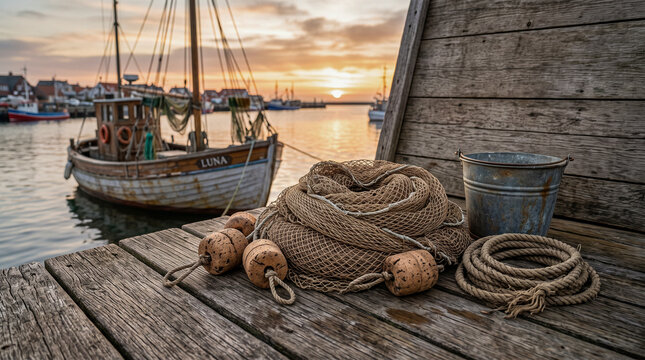Red de pesca artesanal sobre un muelle tradicional con ambiente marinero aut&eacute;ntico.