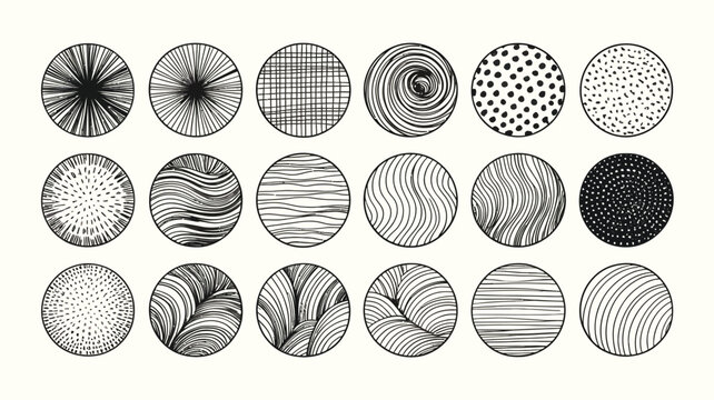 Hand drawn crosshatch pattern circle collection featuring realistic pencil shading, abstract sketch textures, thin hatch line doodles, and round vector texture samples isolated on white background