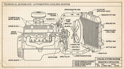 Obraz premium Technical Schematic Automotive Cooling System Diagram