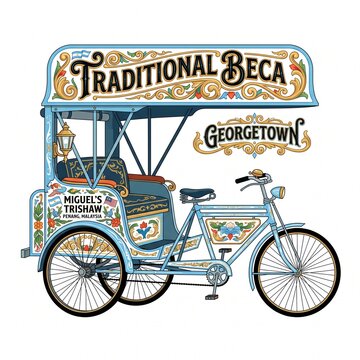 Traditional Beca Trishaw of Georgetown Penang Malaysia &ndash; Ornate Vintage Vector Illustration