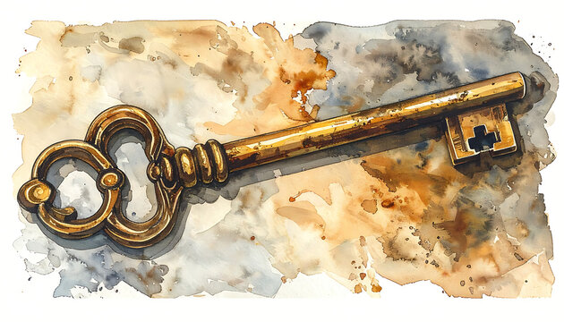 Antique golden skeleton key with ornate bow resting on a textured watercolor background, representing access and mystery