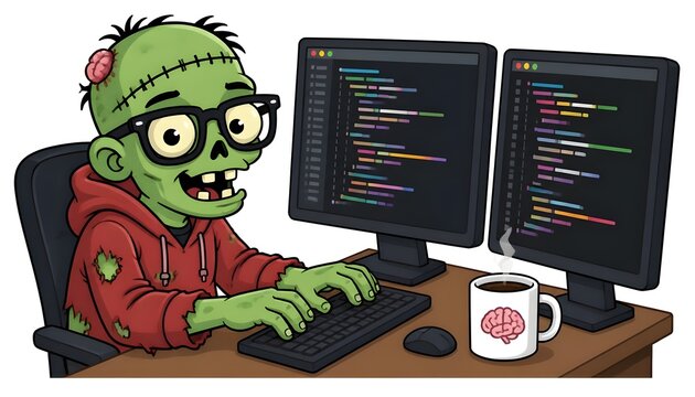 cartoon zombie with computer