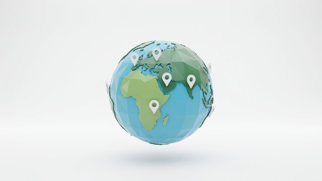 Low poly 3d globe with location pins