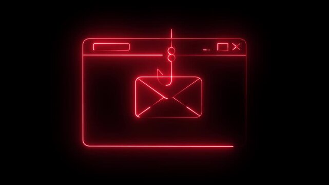 Neon Email Phishing Scam Icon Isolated on Black Background. Fishing hook stealing envelope from browser window.Concept of email phishing and email scams representing online fraud and cyber threats.4k