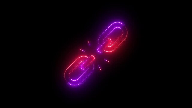 Glowing neon unlink icon isolated on black background. broken Link icon animation.4k motion video.