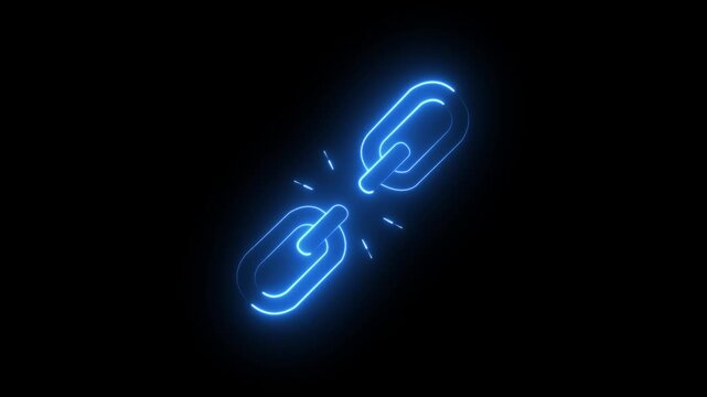 Glowing neon unlink icon isolated on black background. broken Link icon animation.4k motion video.