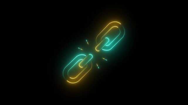 Glowing neon unlink icon isolated on black background. broken Link icon animation.4k motion video.