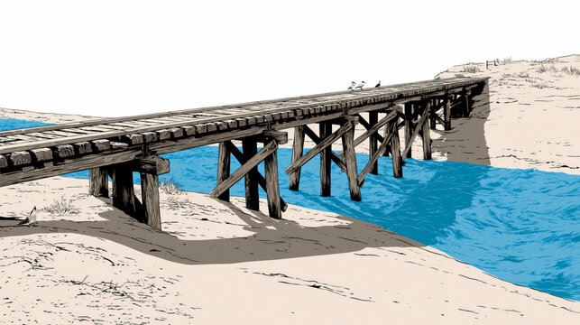 A bridge spans the gap between two land masses over a body of water, creating an artistic composition that evokes feelings of calmness and serenity.