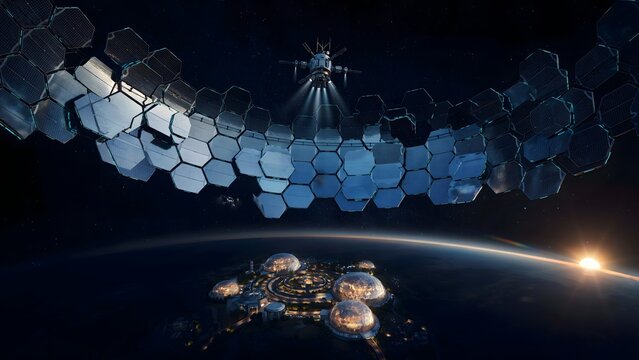 Advanced Space Technology and Satellite Network in Earth's Orbit during Sunrise