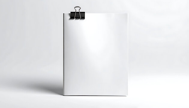 Blank white paper sheet held by a black binder clip on a light gray background, clean presentation space, minimal design.