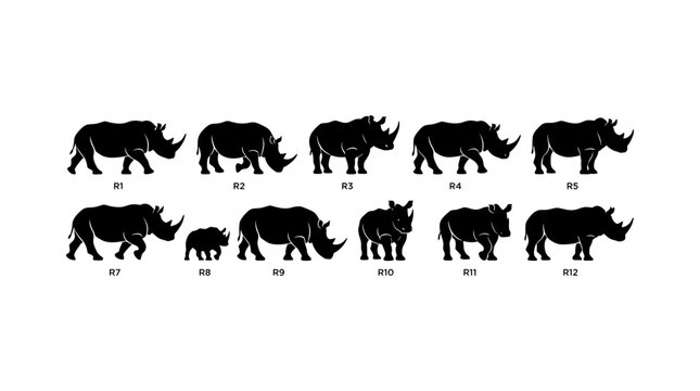 Rhino Silhouette Icon Set with Multiple Detailed Angles, Labeled R1 to R12, Black Vector Wildlife Symbols on White