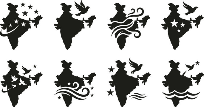 Independence day bundle icons set india map silhouettes with patriotic symbols