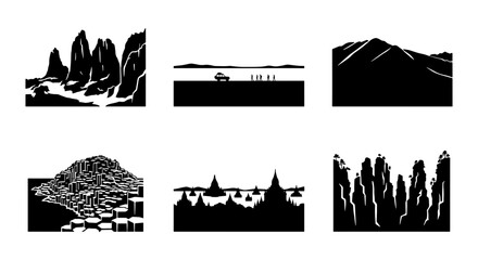 Obraz premium Diverse Landscape Silhouettes, Vector Art Collection: Mountain Peaks, Cityscapes, Natural Wonders, Abstract Forms, Minimalist Scenery, Graphic Elements