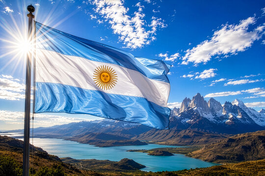 Argentina Flag Waving Over Patagonia Mountains and Turquoise Lake AI Generated