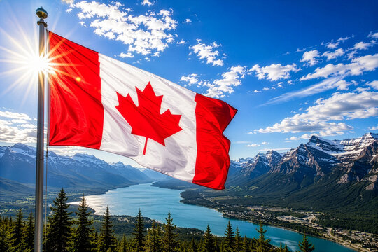 Canadian Flag Waving Over Rocky Mountains and Turquoise Lake AI Generated