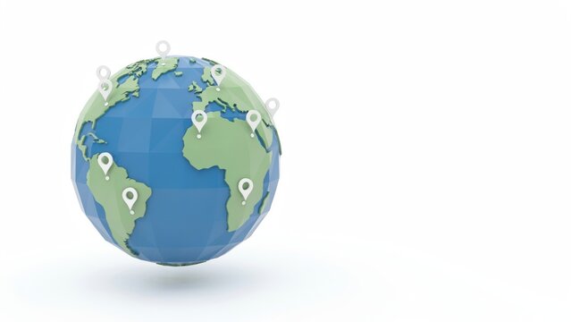 Low poly 3d globe with location pins isolated on white background