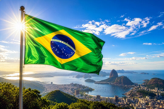 Brazilian Flag Waving Over Rio de Janeiro and Sugarloaf Mountain AI Generated