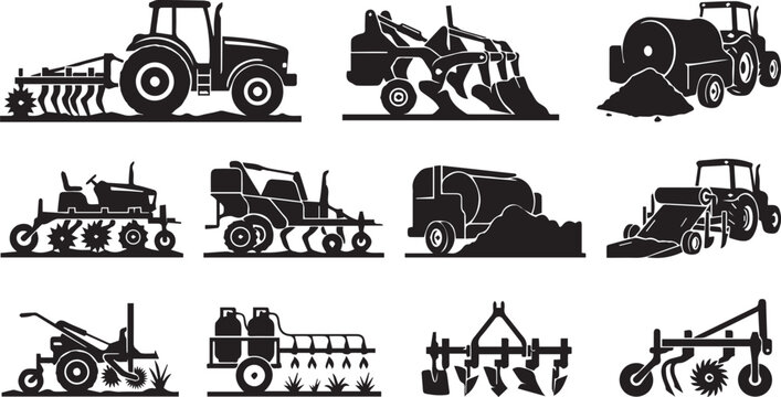 Agricultural soil cultivation mechanical weeding and compost management machinery icons black vector silhouettes set