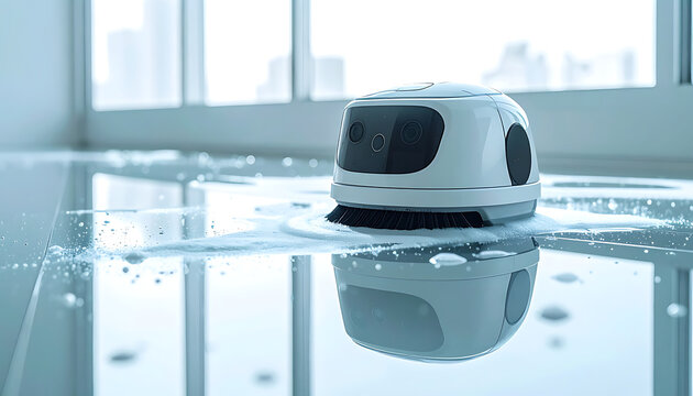 Automated window cleaning robot working on a wet reflective floor, smart home device