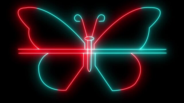 Neon Butterfly, one line drawing animation, video clip with alpha channel. Butterfly drawing with one continuous line. Single line design of beautiful butterfly for business, social