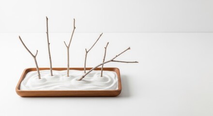 Obraz premium Bare tree branches are arranged in a small wooden tray filled with white raked sand.