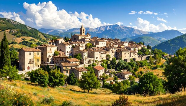 A picturesque hilltop village nestles among verdant hills, overlooked by a majestic mountain range under a bright sky