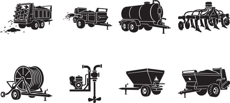 Agricultural fertilizing manure spreading and field irrigation machinery icons black vector silhouettes set