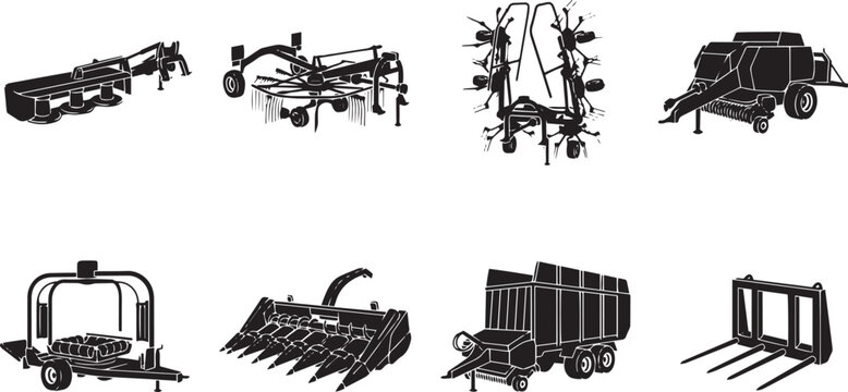 Agricultural hay harvesting and forage machinery icons including mower rake baler and silage equipment vector silhouettes set