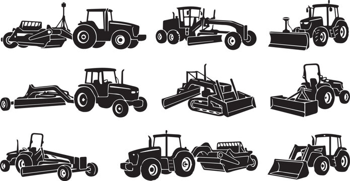 Agricultural land leveling and earthmoving grading machinery including motor graders and tractor scrapers silhouettes set