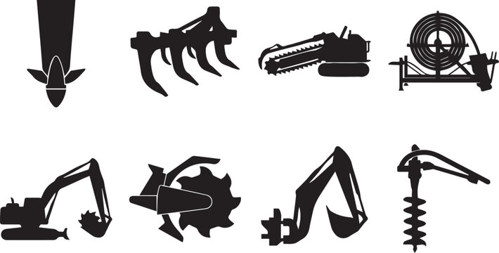 Agricultural trenching tile drainage and heavy excavation machinery icons black vector silhouettes set