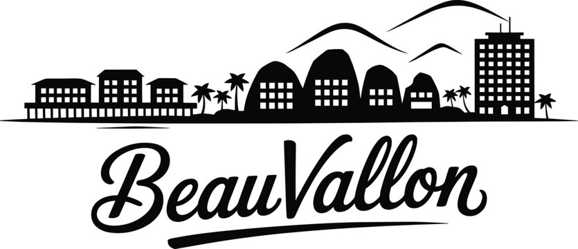 Beau vallon city skyline silhouette, coastal resort town featuring tropical palm trees, residential buildings and mountain backdrops and black