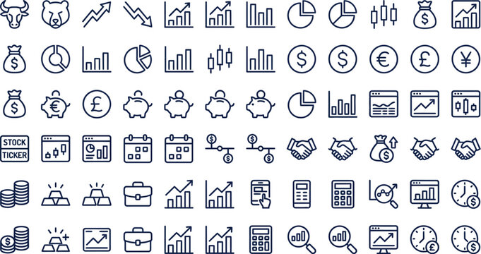 Investment icons present a structured array of digital symbols focused on corporate finance, portfolio management, statistical reporting, and asset valuation.
