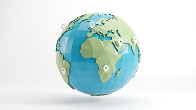Low poly 3d globe with location pins isolated on white background