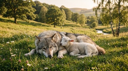 Obraz premium Wolf and lamb lying together on a grassy meadow. Concept of peace, friendship, and harmony between predator and prey. Nature wildlife interaction in a warm summer landscape.