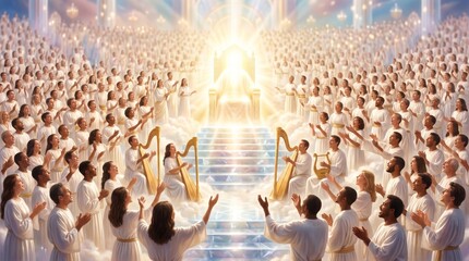 Obraz premium Crowd of man and woman in white robe worshiping at shining throne in heaven. Angel playing harp. Religious scene representing afterlife, spiritual peace, faith, and divine glory.